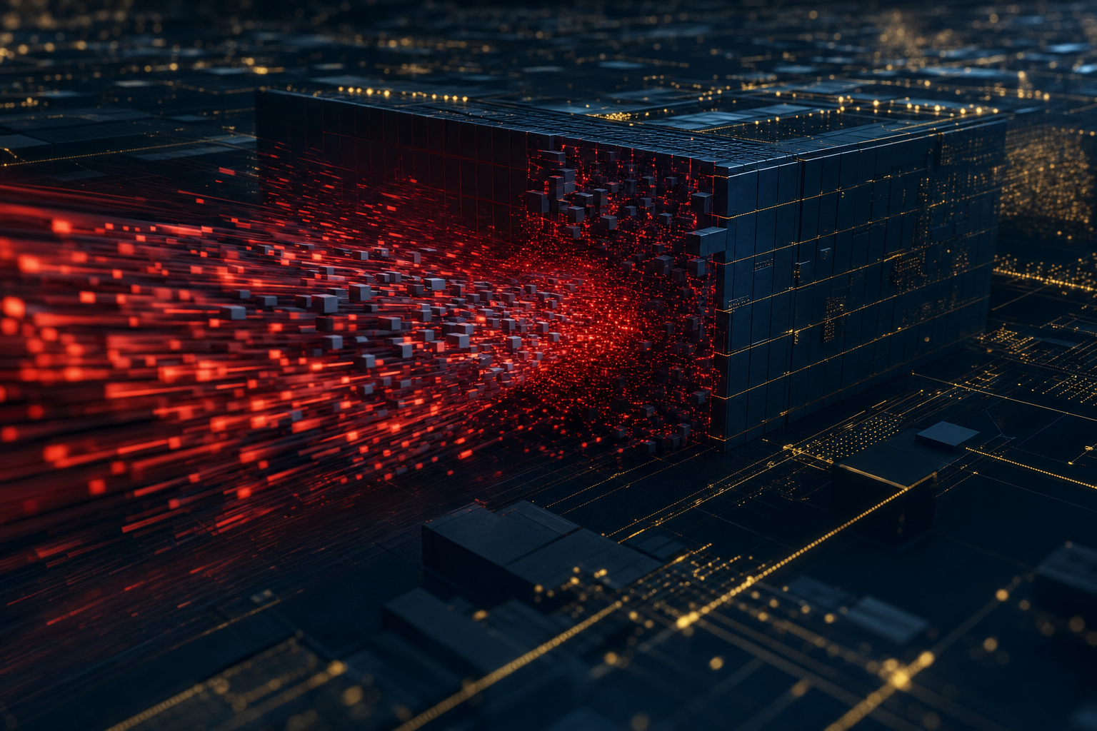 Abstrakte Visualisierung eines Heap-Overflows mit Speicherbereichen, die in benachbarte Strukturen überlaufen