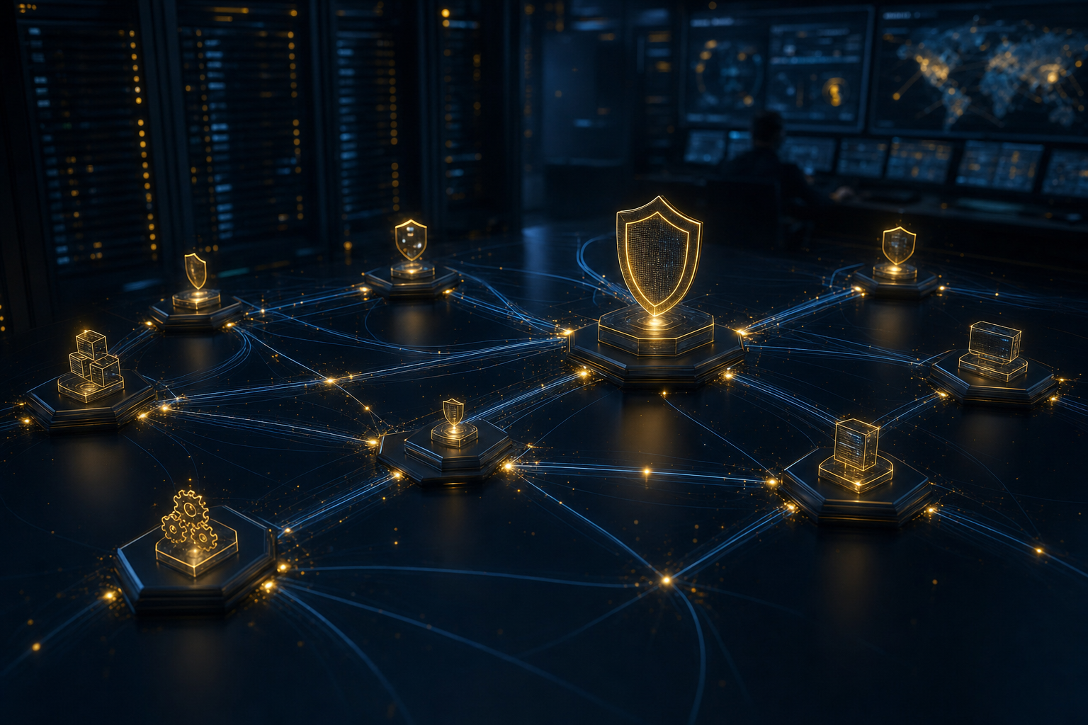 Abstrakte Visualisierung eines Patch-Management-Dashboards mit vernetzten Endpoints und Schutzindikatoren