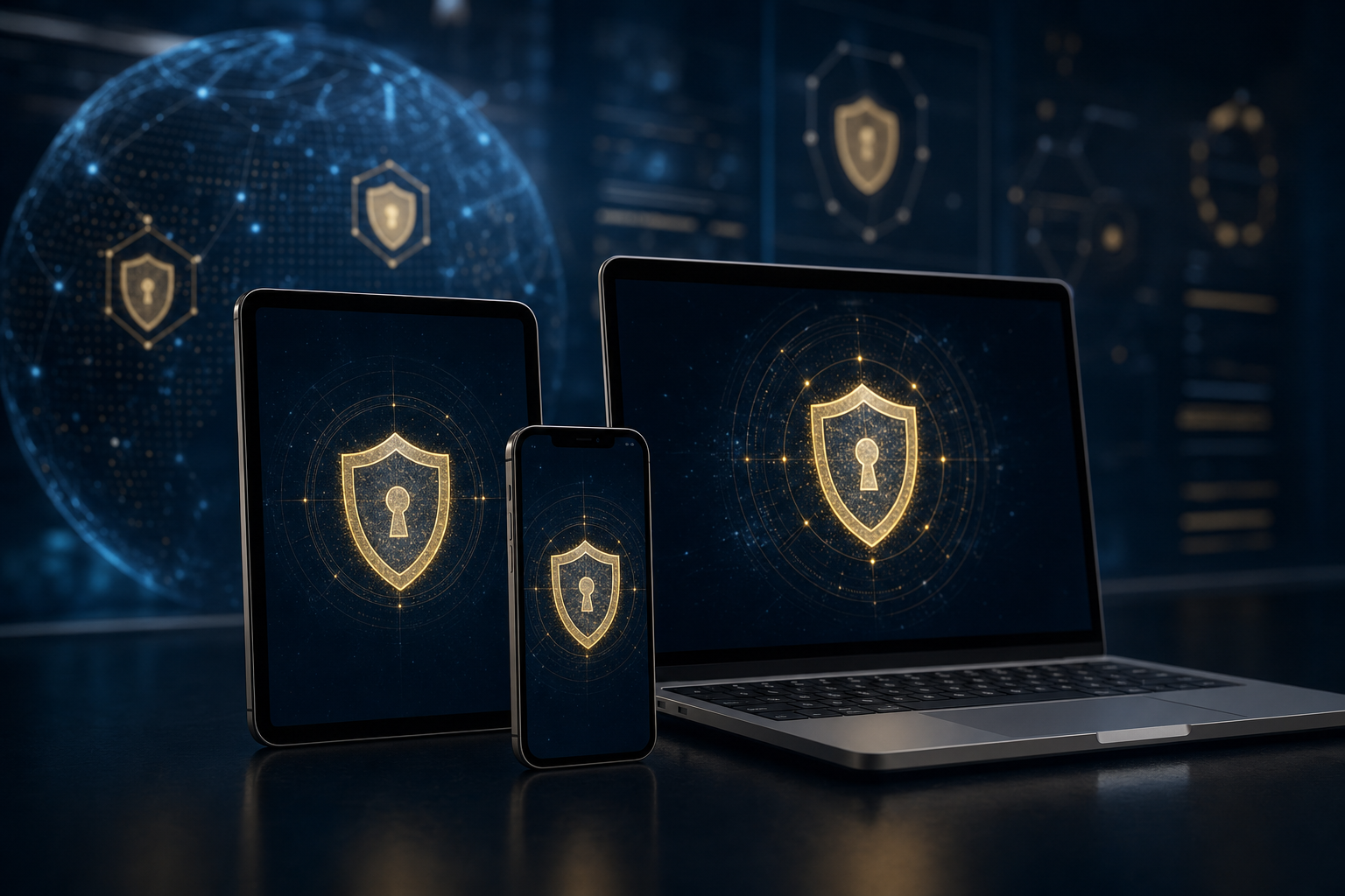 Apple Geräte mit Sicherheitsschild und Vulnerability-Scanner Interface