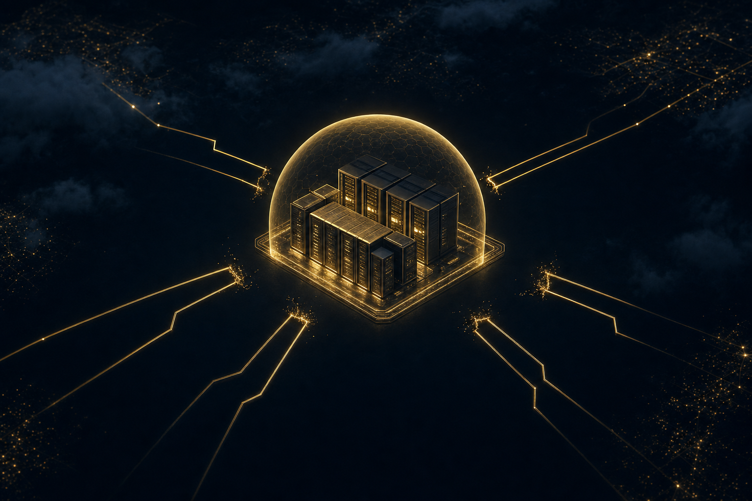 Conceptual visualization of an isolated data center with severed external network connections