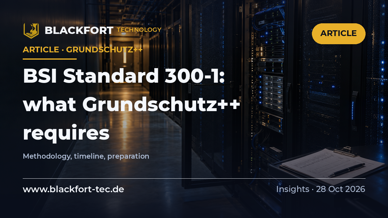Data centre aisle with an open server rack and an audit checklist on a clipboard; illustration for assessments under Grundschutz++