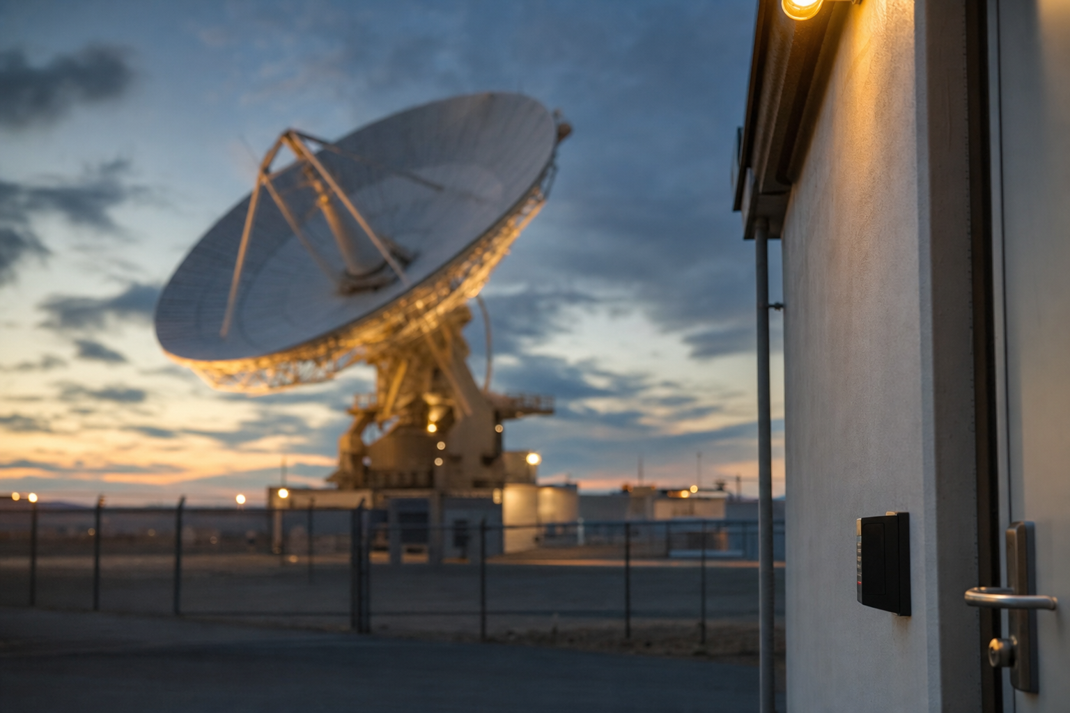Satelliten-Bodenstation mit Parabolantenne in der Dämmerung, Symbolbild für Informationssicherheit nach BSI TR-03184