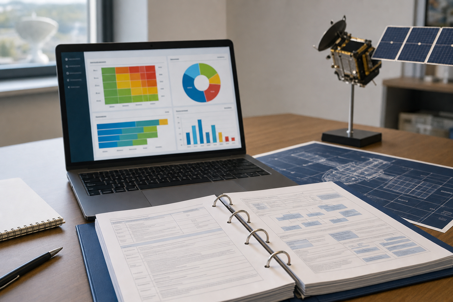 Informationssicherheits-Audit mit Laptop und Compliance-Unterlagen, Symbolbild für die Übertragung etablierter ISMS-Praxis auf Weltraumsysteme