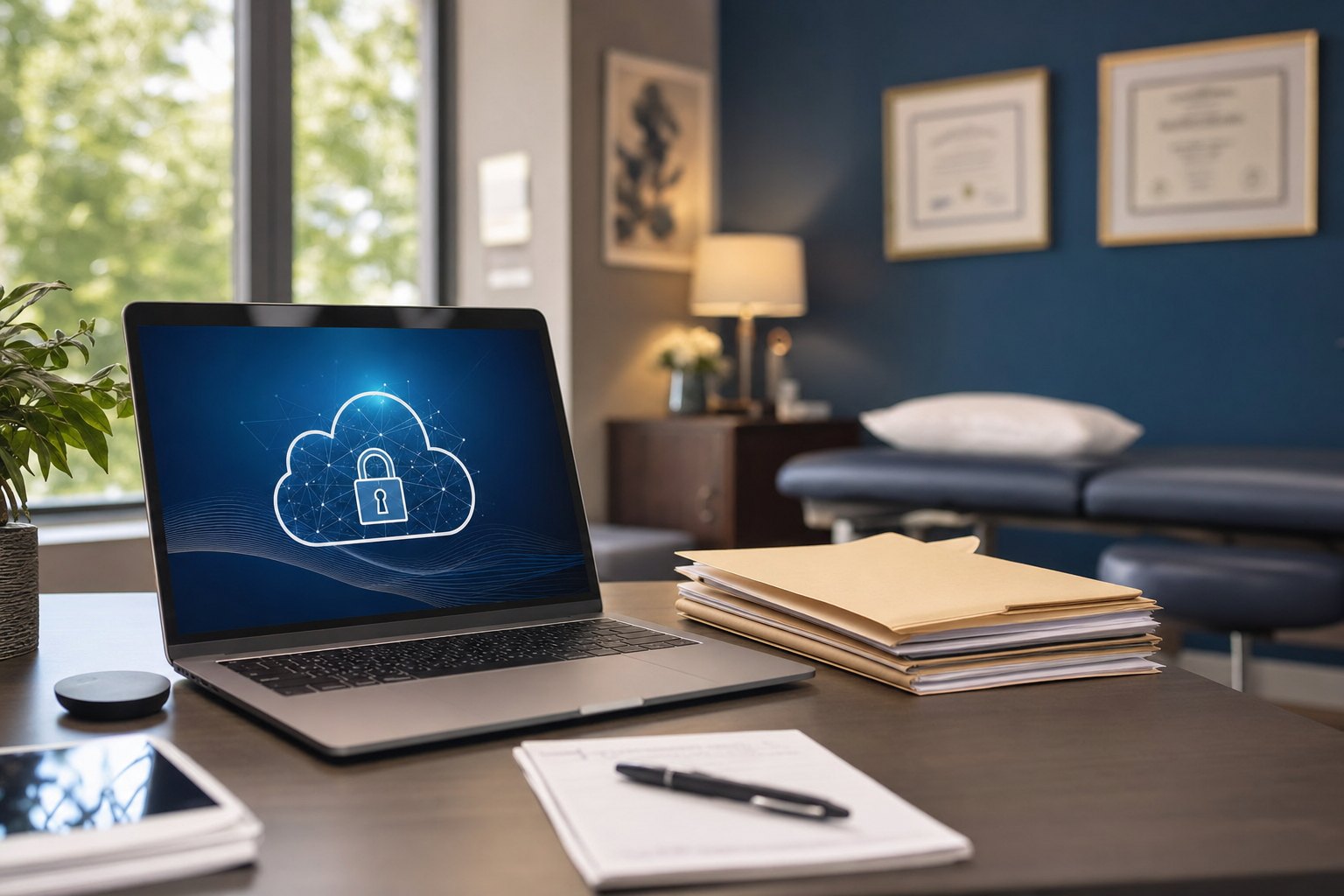 Aktenordner und Laptop mit Cloud-Symbol in einer Arztpraxis, Symbolbild für C5-Testat-Pflicht nach §393 SGB V