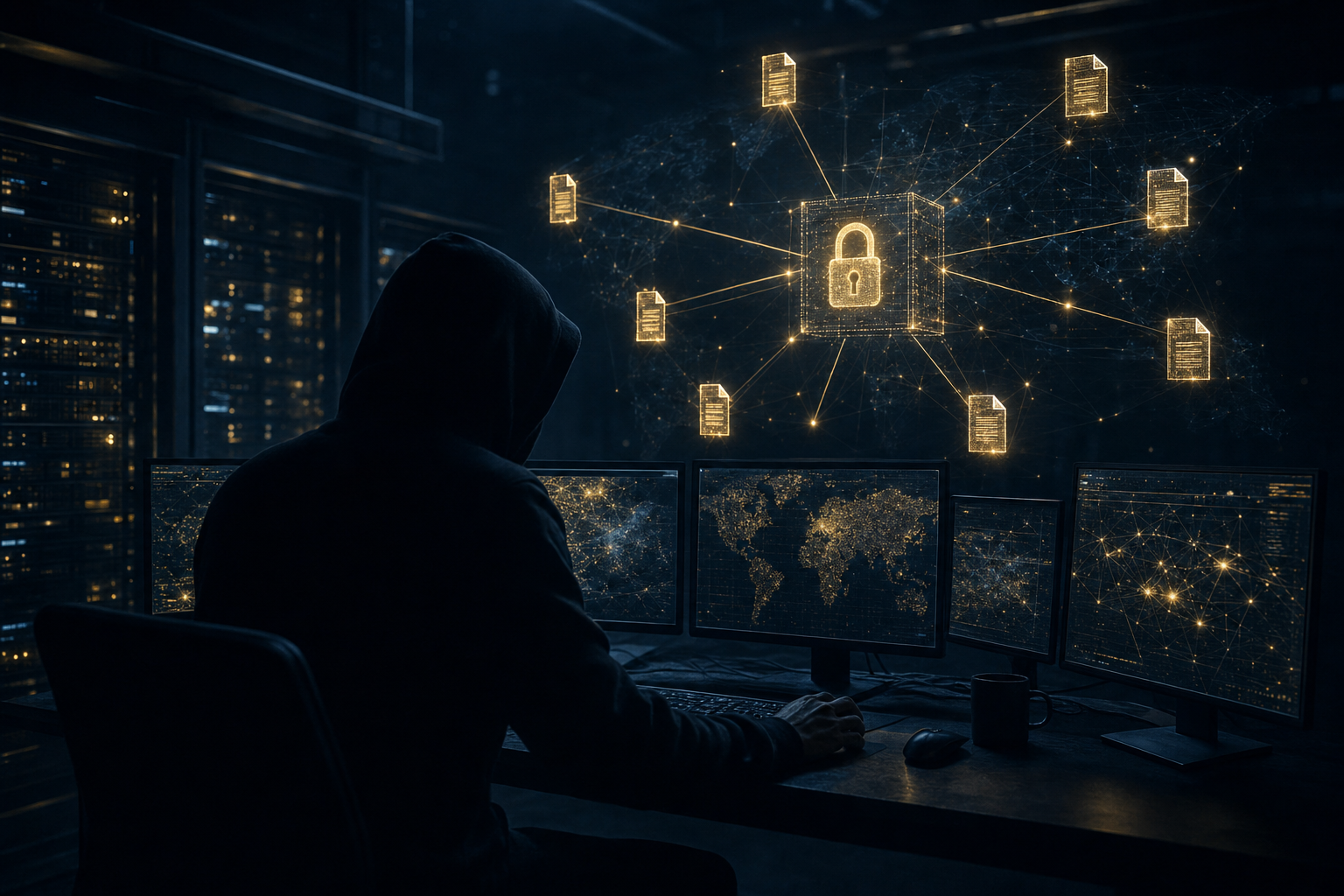 Abstract visualization of a ransomware affiliate infrastructure exploiting VPN vulnerabilities