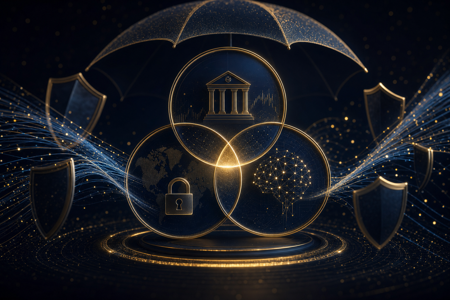 Abstract visualization of interconnected compliance frameworks for DORA, GDPR and the EU AI Act in the insurance sector