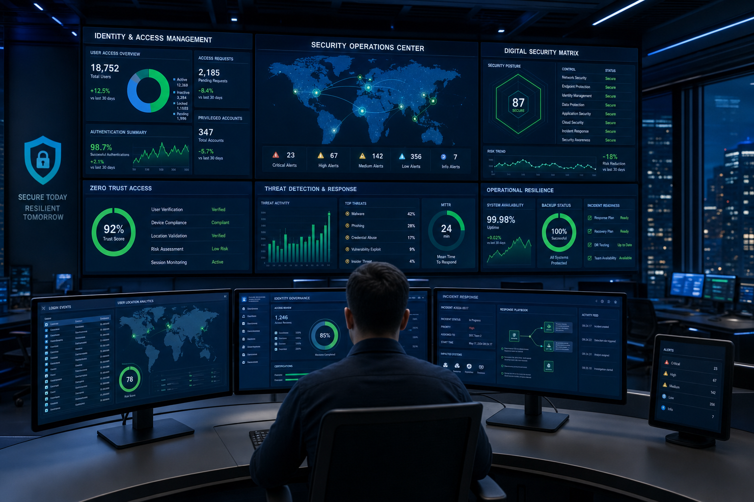 Cybersecurity operations centre with IAM dashboards and resilience monitoring systems