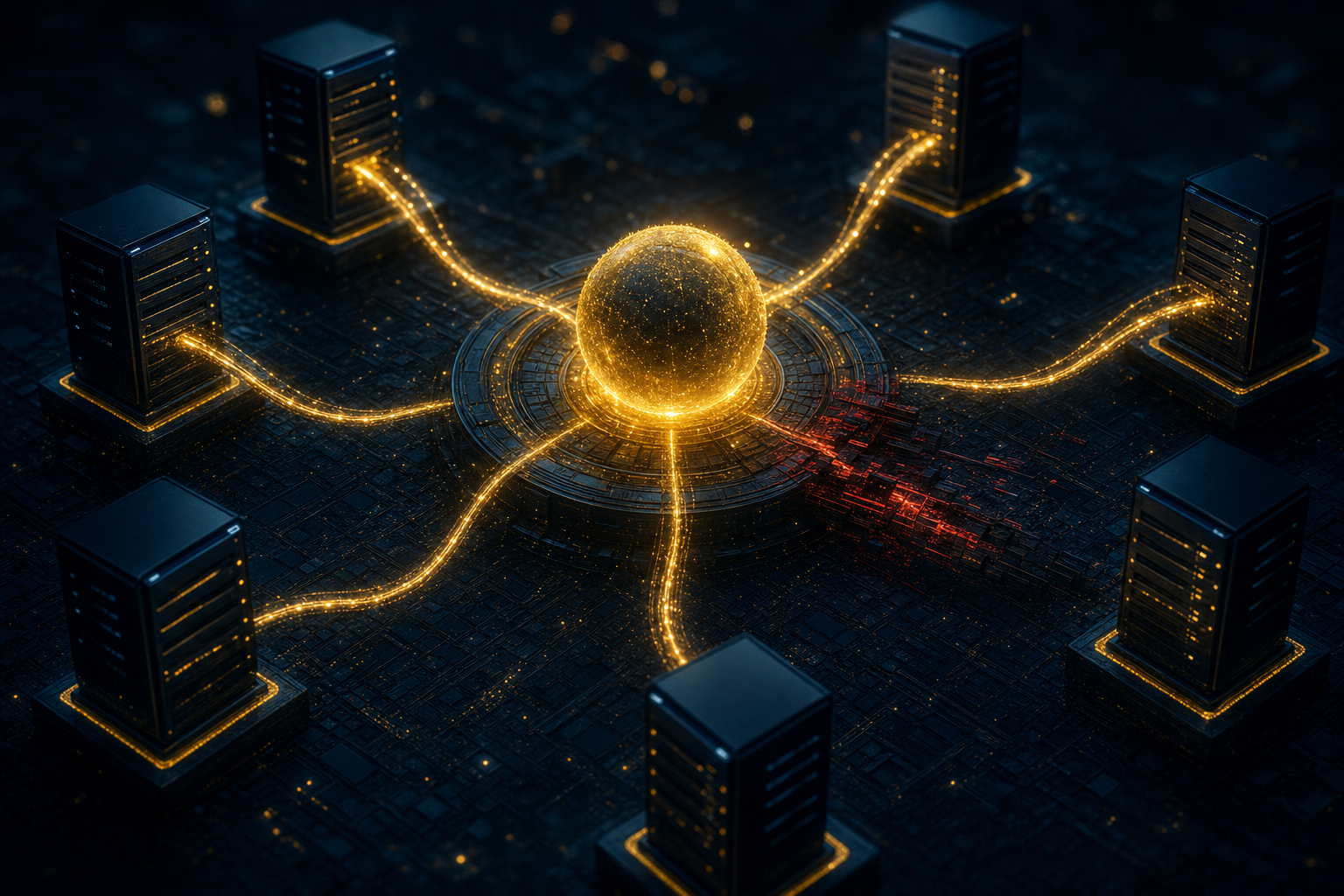 Abstrakte Visualisierung eines Domain Controllers mit umgebenden Server-Knoten und einem kompromittierten Authentifizierungspfad