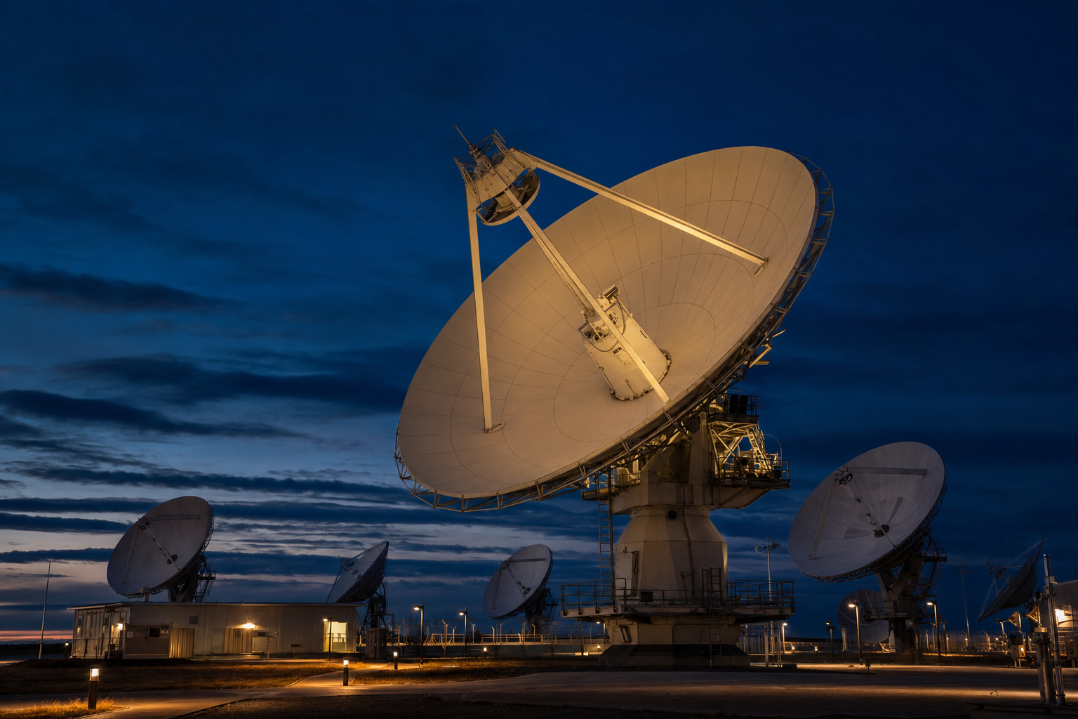 Abstrakte Darstellung einer Bodenstation für sichere Satellitenkommunikation, Symbolbild für NIS2 und den Weltraumsektor