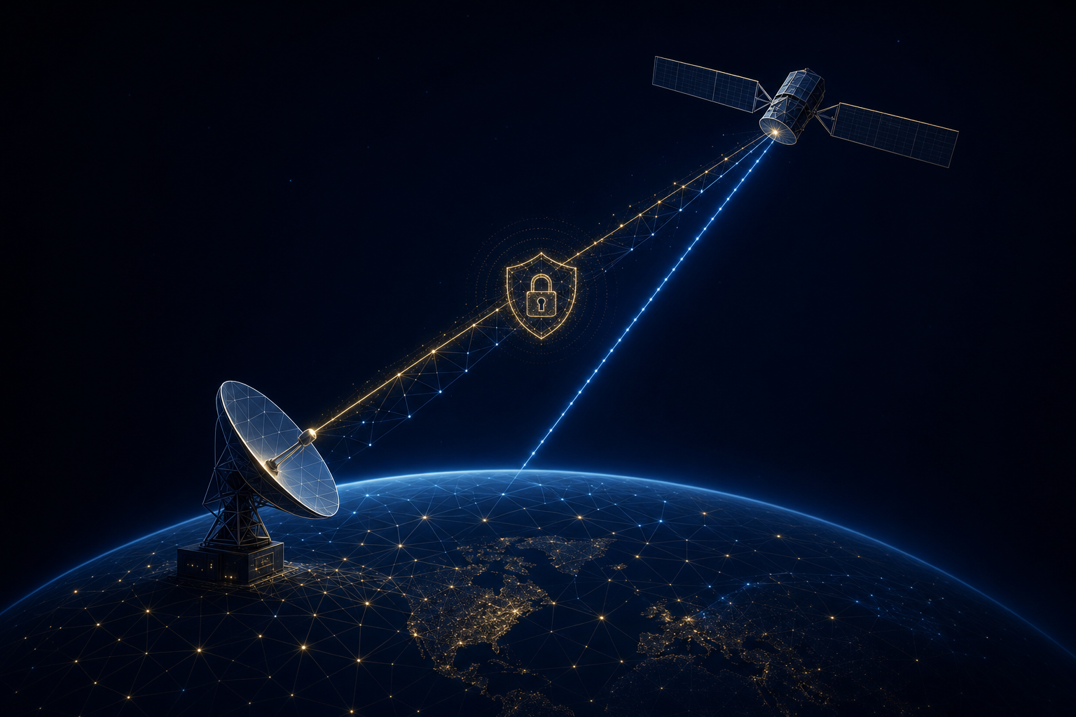 Abstrakte Darstellung einer verschlüsselten Satelliten-Boden-Verbindung als Symbolbild für PKI-gestützte Absicherung von Uplink und Downlink