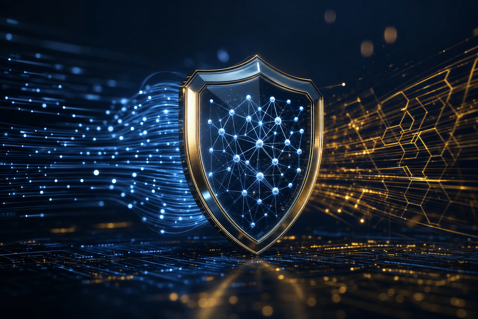 Abstract depiction of AI security with shield and network nodes