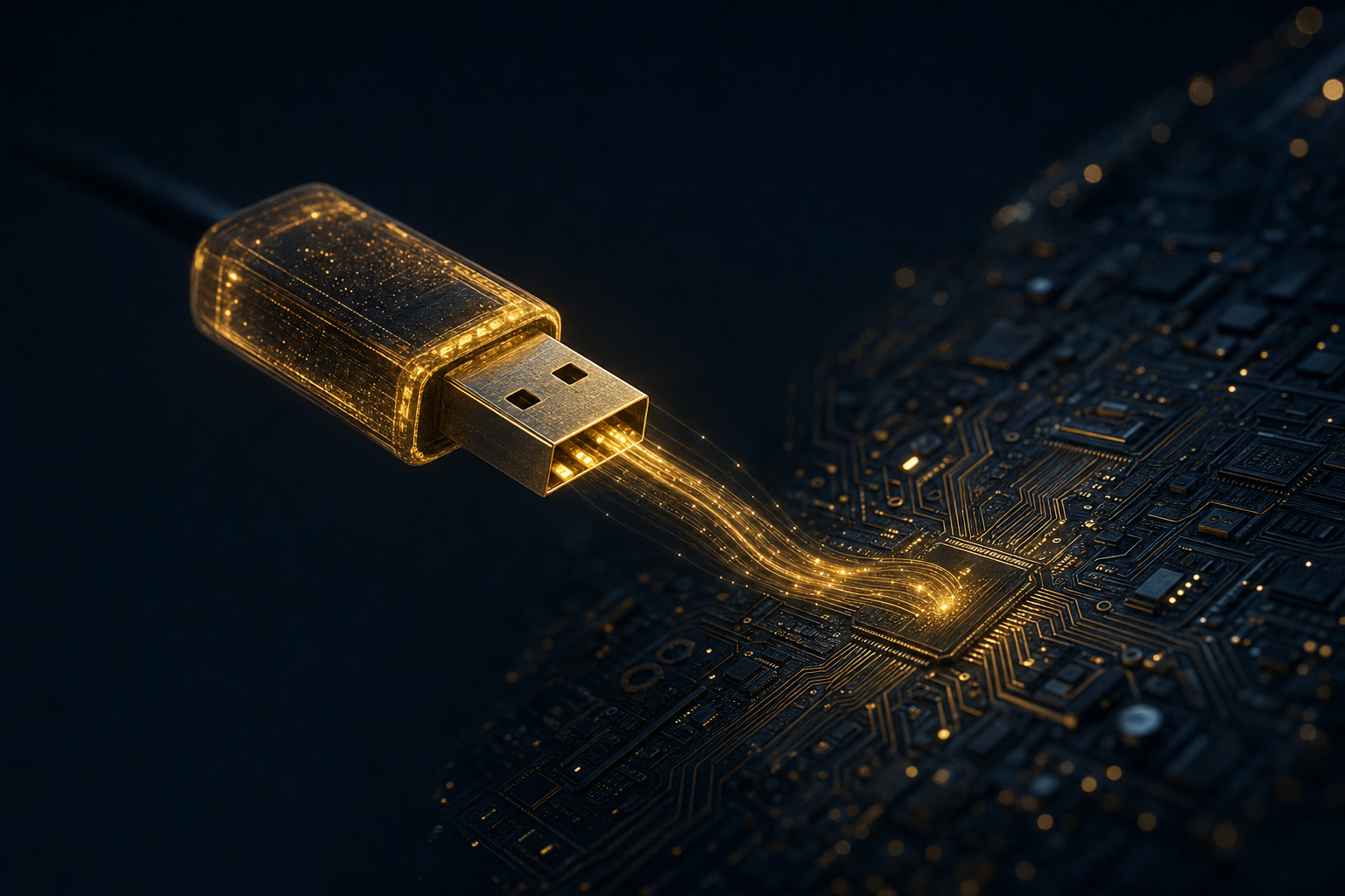 Abstrakte Visualisierung eines USB-Datenträgers als Angriffsvektor auf ein verschlüsseltes System